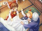  2girls blonde_hair bow brown_hair buront covering_with_blanket crossover detached_sleeves elf elvaan final_fantasy final_fantasy_xi hair_bow hakurei_reimu multiple_girls pointy_ears rumia sakino_shingetsu short_hair silver_hair sleeping the_iron_of_yin_and_yang touhou 