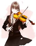  bad_id bad_pixiv_id bangs blunt_bangs bolo_tie bow_(instrument) brown_hair cherry_blossoms closed_eyes formal instrument long_hair original petals pink_background shikishima_(eiri) simple_background solo two-tone_background violin white_background 
