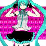  aqua_eyes aqua_hair binary buzz fingerless_gloves garter_belt gloves hatsune_miku long_hair navel skirt solo thighhighs twintails very_long_hair vocaloid zettai_ryouiki 