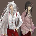  fujiwara_no_mokou genderswap genderswap_(ftm) hand_on_hip houraisan_kaguya kebin long_hair lowres male_focus multiple_boys ofuda ponytail red_eyes simple_background smile suspenders touhou wide_sleeves 