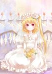  bad_id bad_pixiv_id bare_shoulders blonde_hair bouquet bride candle choker diamond dress flandre_scarlet flower hair_flower hair_ornament mito_tsubaki red_eyes side_ponytail solo touhou wedding_dress 