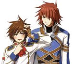  age_difference blush brown_hair father_and_son kratos_aurion lloyd_irving male male_focus red_hair redhead short_hair simple_background sio_vanilla smile tales_of_(series) tales_of_symphonia 