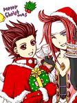  2boys blue_eyes brown_eyes brown_hair cake christmas food gift hat headband lloyd_irving male male_focus multiple_boys oekaki red_hair redhead simple_background smile tales_of_(series) tales_of_symphonia zelos_wilder 