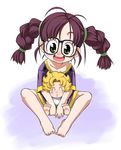  ^_^ antennae baby barefoot bib blonde_hair braid closed_eyes dr._slump feet glasses green_eyes looking_at_viewer multiple_girls norimaki_arale norimaki_gajira open_mouth purple_hair santoo_takeshi simple_background sitting twin_braids 