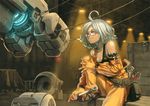  ahoge aro_(charged_time_out) bad_id bad_pixiv_id breasts cleavage glasses jumpsuit large_breasts mecha mechanic original short_hair silver_hair solo strap_slip tools yellow_eyes 