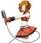  belt brown_eyes brown_hair daigoman fingerless_gloves gloves headphones meiko microphone one_eye_closed sakine_meiko short_hair simple_background skirt solo tattoo vintage_microphone vocaloid younger 