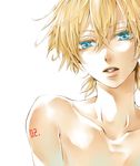  aqua_eyes blonde_hair hakuseki highres kagamine_len male_focus nude open_mouth solo tattoo teeth vocaloid 