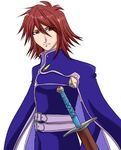  1boy kratos_aurion male male_focus red_hair redhead short_hair simple_background solo sword tales_of_(series) tales_of_symphonia weapon white_background 
