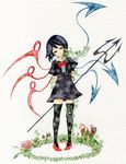  asymmetrical_wings bad_id bad_pixiv_id black_eyes black_hair black_legwear high_heels houjuu_nue leaf legs mushroom pinkxxxna plant polearm ribbon shoes short_hair short_sleeves solo standing thighhighs touhou traditional_media watercolor_(medium) weapon wings zettai_ryouiki 