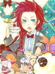  1boy bear blue_eyes cake christmas doll food fruit gift indoors long_hair male male_focus red_hair redhead sheep solo strawberry tales_of_(series) tales_of_symphonia toy toys tree zelos_wilder 