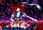  bad_id bad_pixiv_id breasts cleavage flower highres marker_(medium) medium_breasts obi onozuka_komachi petals purple red_eyes red_hair sash scythe short_hair solo touhou traditional_media two_side_up weapon wiriam07 