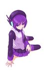  beret hat headphones metabo_(hata_kichi) necktie purple_eyes purple_hair purple_neckwear short_hair simple_background sitting skirt solo thighhighs utane_uta utau white_background 