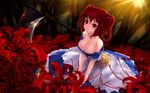  bare_shoulders breasts cait cleavage flower hair_bobbles hair_ornament highres large_breasts off_shoulder onozuka_komachi red_eyes red_hair scythe short_hair solo spider_lily touhou two_side_up wallpaper widescreen 