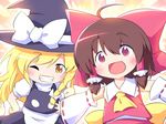  ahoge ayakashi_(monkeypanch) bad_id bad_pixiv_id blonde_hair bow brown_hair detached_sleeves hair_bow hakurei_reimu hat kirisame_marisa multiple_girls red_eyes thumbs_up touhou witch_hat yellow_eyes 