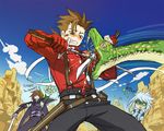 brown_hair genis_sage genius_sage kratos_aurion lloyd_irving male male_focus red_hair redhead short_hair sio_vanilla snake sword tales_of_(series) tales_of_symphonia translation_request weapon 
