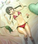  bikini black_hair boots brown_eyes cat cellphone cellphone_charm cellphone_strap hair_bobbles hair_ornament lying on_back open_mouth original phone polka_dot polka_dot_bikini polka_dot_swimsuit ri-ko solo swimsuit twintails 