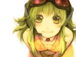  bangs bare_shoulders bent_over breasts brooch close-up closed_mouth face goggles goggles_on_head green green_eyes green_hair gumi headphones headset jewelry looking_at_viewer oharu short_hair simple_background sleeveless small_breasts smile solo staring upper_body v_arms vocaloid white_background wing_collar 