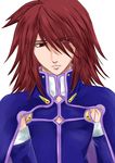  1boy brown_hair hair_over_one_eye kratos_aurion male male_focus short_hair simple_background solo tales_of_(series) tales_of_symphonia white_background 