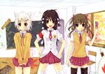  alternate_costume armband bad_id bad_pixiv_id blue_eyes book brown_hair cellphone himekaidou_hatate inubashiri_momiji long_hair multiple_girls orange_eyes phone school_uniform shameimaru_aya shield skirt sword tenhi_tsukitori thighhighs touhou weapon white_hair yellow_eyes zettai_ryouiki 