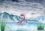  gen_1_pokemon gyarados highres kotsuga lake mountain nature no_humans pokemon pokemon_(creature) shiny_pokemon traditional_media watercolor_(medium) 