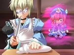  1girl artist_request daikon fork glasses hungry knife morichika_rinnosuke radish saigyouji_yuyuko scared staring touhou you_gonna_get_eaten you_gonna_get_raped 