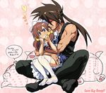  1girl 5_(1boshi) arcana_heart blue_eyes brown_hair couple crossover dress fiona_mayfield guilty_gear hetero hug hug_from_behind m.u.g.e.n order-sol ribbon short_twintails sitting sitting_on_lap sitting_on_person sol_badguy thighhighs translation_request twintails 