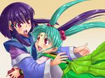  blush facial_mark forehead_mark green_hair hug long_hair masaki_aeka_jurai masaki_sasami_jurai multiple_girls open_mouth purple_hair red_eyes run_p_(aveton) siblings sisters smile surprised tenchi_muyou! twintails 