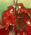  1girl altenna_(fire_emblem) areone_(fire_emblem) armor bad_id bad_pixiv_id brown_hair cape fire_emblem fire_emblem:_seisen_no_keifu guttary long_hair polearm red_hair spear tabard very_long_hair weapon 