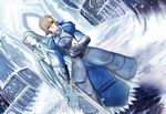  armor artoria_pendragon_(all) blonde_hair blue_eyes breastplate dutch_angle excalibur fate/stay_night fate_(series) gauntlets saber snow statue sword weapon zen_(weishanzhe) 