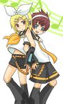  asbel_lhant bad_id bad_pixiv_id blonde_hair blue_eyes brown_eyes brown_hair cosplay headset kagamine_len kagamine_len_(cosplay) kagamine_rin kagamine_rin_(cosplay) kurumi_(forte) male_focus multiple_boys musical_note otoko_no_ko richard_(tales) short_hair shorts tales_of_(series) tales_of_graces vocaloid vocaloid_boxart_pose 