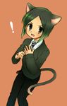  1boy androgynous animal_ears bad_id bad_pixiv_id bangs black_hair bob_cut cat_ears cat_tail command_spell fang fate/zero fate_(series) green_eyes kemonomimi_mode male_focus naiya necktie open_mouth parted_bangs simple_background solo surprised tail waver_velvet 