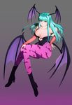  animal_print aqua_hair bad_id bad_pixiv_id bare_shoulders bat_print bat_wings breasts cleavage collarbone crossed_legs fur_trim gradient gradient_background green_eyes head_wings heart highres large_breasts long_hair looking_at_viewer low_wings morrigan_aensland pantyhose print_legwear purple_legwear purple_wings sitting smile solo ultra00 vampire_(game) wings 