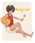  animal_ears barefoot black_hair blush brown_eyes bunny_ears dark_skin english fang hair_over_one_eye halloween ikezawa_kazuma king_kazuma male male_focus open_mouth outside_border pumpkin shikino_yuki short_hair shorts solo summer_wars tan tank_top wand 