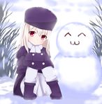  :3 ^_^ blush boots cameo child closed_eyes fate/zero fate_(series) fur_hat hat highres illyasviel_von_einzbern jacket long_hair looking_at_viewer pink_eyes purple_footwear purple_hat scarf sitting smile snow snowman solo white_hair white_scarf yaruo younger yu1 