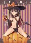  between_thighs bikini blush bridal_gauntlets cameltoe candy cape flat_chest food green_hair halloween hat jack-o'-lantern long_hair micro_bikini navel open_mouth original pumpkin purple_eyes solo straddling striped supertie swimsuit twintails vertical_stripes witch_hat 