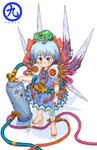  2009 4n animal animal_on_head bandage bandages bangs barefoot blue_eyes blue_hair blush child cirno dress feet frog hair_ribbon holding ice looking_at_viewer on_head popsicle ribbon short_hair simple_background skirt solo standing touhou translation_request tube white_background 