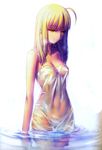  ahoge artoria_pendragon_(all) bare_shoulders blonde_hair breasts cleavage collarbone dress fate/stay_night fate_(series) hair_down highres long_hair medium_breasts saber saber_alter see-through solo takeuchi_takashi third-party_edit type-moon wading wet wet_clothes white_dress yellow_eyes 