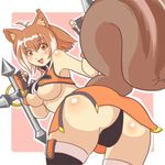  animal_ears arc_system_works ass black_panties blazblue blazblue:_continuum_shift blush breasts brown_eyes brown_hair dual_wielding kin-shun large_breasts looking_back makoto_nanaya multicolored_hair panties pantyshot pantyshot_(standing) short_hair smile squirrel_ears squirrel_tail standing tail thighhighs tonfa two-tone_hair underboob underwear weapon white_hair 