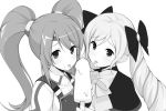  2girls blush bow bowtie breastplate circlet drill_hair elise_(fire_emblem_if) eyebrows_visible_through_hair fire_emblem fire_emblem_echoes:_mou_hitori_no_eiyuuou fire_emblem_if food hair_bow ice_cream ihara_asta licking long_hair mae_(fire_emblem) monochrome multiple_girls nintendo popsicle sexually_suggestive simple_background tongue tongue_out twin_drills twintails very_long_hair 