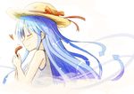 blue_hair closed_eyes dress hat ikamusume long_hair mashayuki shinryaku!_ikamusume solo straw_hat sun_hat tentacle_hair 