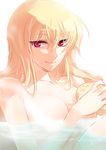  bathing blonde_hair breasts cleavage large_breasts no_hat no_headwear nude red_eyes roh_nam_kyung seductive_smile simple_background smile solo sponge touhou upper_body water wet yakumo_yukari 