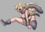  ayla_(chrono_trigger) blonde_hair blue_eyes breast_squeeze breasts butcha-u chrono_trigger cleavage fur grey_background large_breasts leap_frog long_hair open_mouth saliva simple_background solo tongue tongue_out wavy_hair 