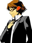  bad_id bad_pixiv_id brown_eyes brown_hair formal fujino_miyabi glasses hanamura_yousuke headphones male_focus necktie orange-framed_eyewear persona persona_4 profile simple_background solo suit upper_body 