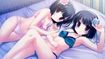  2girls bed black_hair blue_bra blue_panties bra game_cg hairband highres lingerie lying midori_no_umi multiple_girls panties plaid polka_dot polka_dot_bra polka_dot_panties purple_bra purple_panties rikuno short_hair siblings sisters smile sorane sorane_(midori_no_umi) twins underwear yukie_(peach_candy) 