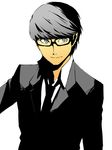  bad_id bad_pixiv_id formal fujino_miyabi glasses grey_eyes grey_hair male_focus narukami_yuu necktie persona persona_4 simple_background solo suit upper_body 