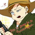  blue_eyes brown_hair chubby eric_cartman gun lowres open_mouth plump simple_background south_park translated weapon 