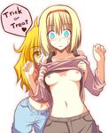  alice_margatroid assisted_exposure bare_shoulders blue_eyes blush breasts camisole casual collarbone face hairband kirisame_marisa long_hair midriff multiple_girls navel nipples nirap open_mouth pants shirt shirt_lift short_hair small_breasts surprised surprised_arms sweatdrop touhou trick_or_treat 