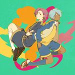  bad_id bad_pixiv_id blue_hair brown_eyes crossed_arms hair_over_one_eye highres inazuma_eleven_(series) inazuma_eleven_go kurama_norihito male_focus marui_happa minamisawa_atsushi multiple_boys purple_hair smile soccer_uniform sportswear 