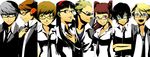  4girls adjusting_eyewear amagi_yukiko bad_id bad_pixiv_id black_eyes black_hair blonde_hair blue_eyes blue_hair brown_eyes brown_hair column_lineup crossed_arms dress_shirt everyone formal fujino_miyabi glasses grey_eyes grey_hair hairband hanamura_yousuke hand_on_own_chest headphones jewelry kujikawa_rise kuma_(persona_4) long_hair looking_at_viewer multiple_boys multiple_girls narukami_yuu necklace necktie no_hat no_headwear open_mouth orange-framed_eyewear persona persona_4 pink-framed_eyewear profile red_hair reverse_trap salute satonaka_chie shirogane_naoto shirt short_hair simple_background smile suit sunglasses tatsumi_kanji twintails upper_body yellow-framed_eyewear 