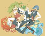  blue_hair bow bowtie brothers corn_(pokemon) cup dent_(pokemon) drinking fire gen_5_pokemon green_hair gym_leader hair_over_one_eye kicking kinari male_focus multiple_boys panpour pansage pansear pod_(pokemon) pokemon pokemon_(creature) pokemon_(game) pokemon_bw red_hair siblings teacup tray tree waiter water 